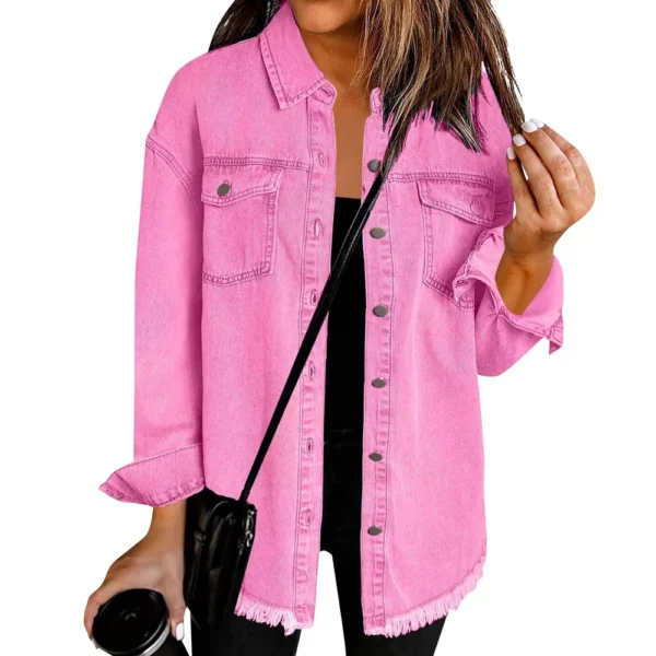 Women's Fashion Denim Shirt Jacket Milled Hem Button Casual Long Sleeve Jacket - Image 3