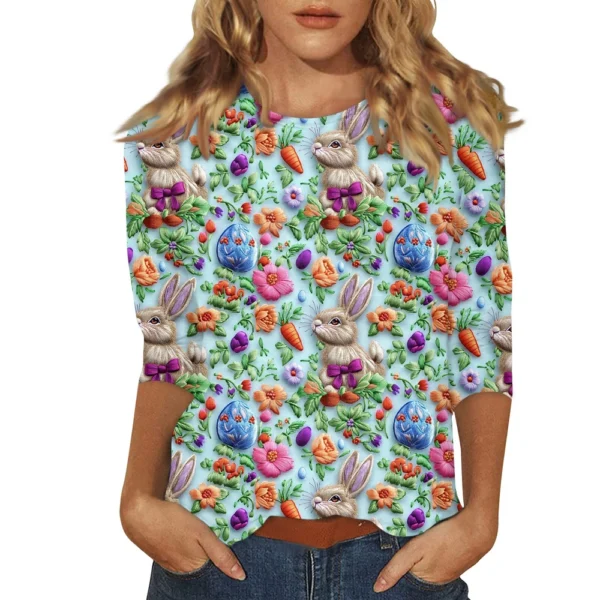 Women's Tops Easter Fashion Basic 3/4 Sleeve Printed Plus Size Casual Pullover - Image 4
