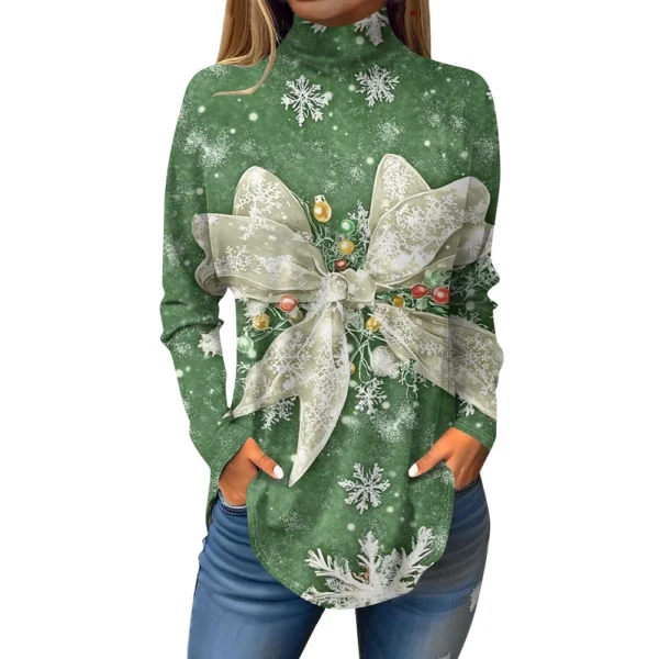 Women's Printed Christmas High Neck Pullover Long Sleeve Casual Fashion T-Shirt - Image 23