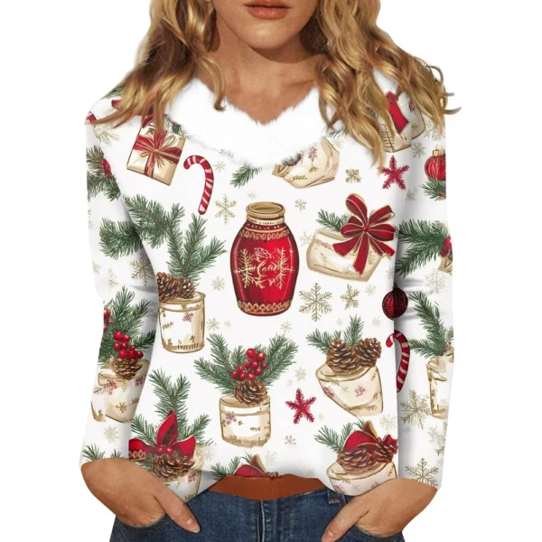 Women's Party Long Sleeve Shirt T Shirt V Neck Christmas Fleece Collar Top - Image 8