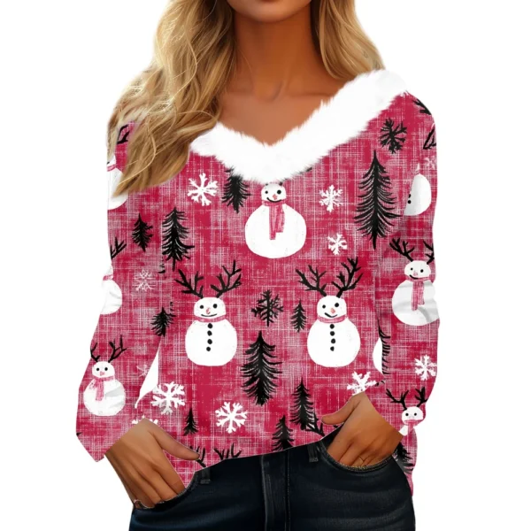 Women's Long Sleeve Christmas Printed Party Plush Neck Wide Casual V-Neck Top - Image 8
