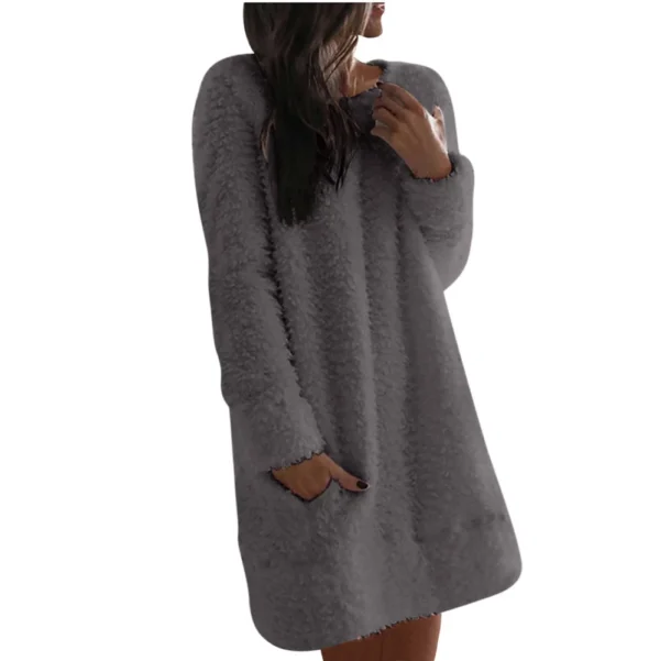 Women's Fuzzy Fleece Solid Color Dress Loose Fit Casual Round Neck Long Sleeve - Image 4