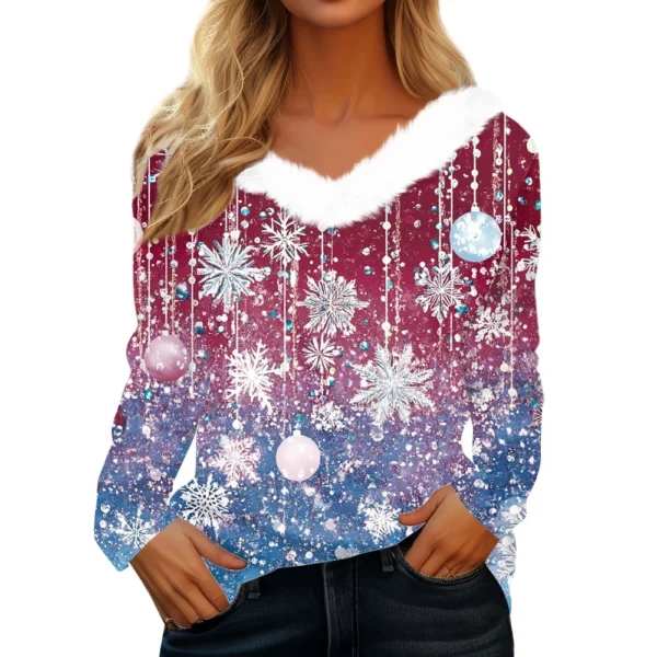 Women's V Neck Party Fleece Collar Top Shirt Christmas Long Sleeve T Shirt - Image 2