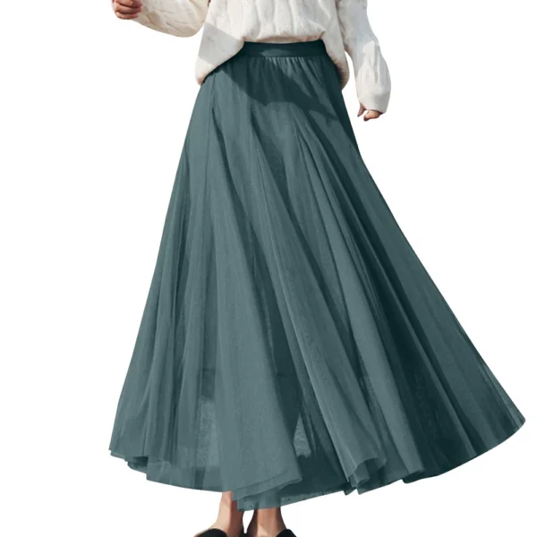 Women's Solid Color Mesh Skirt With Elastic Band Large Swing Mid Length Skirt - Image 29