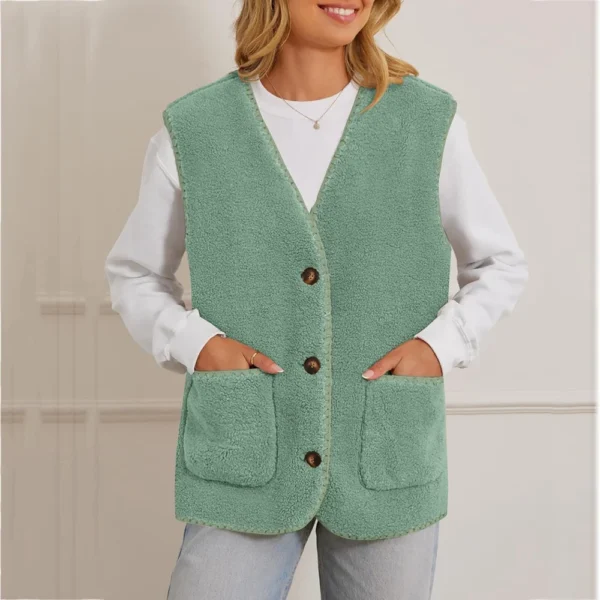 Women's Fuzzy Fleece Vest Sleeveless Colorblock Jacket Button Down Outerwear - Image 25