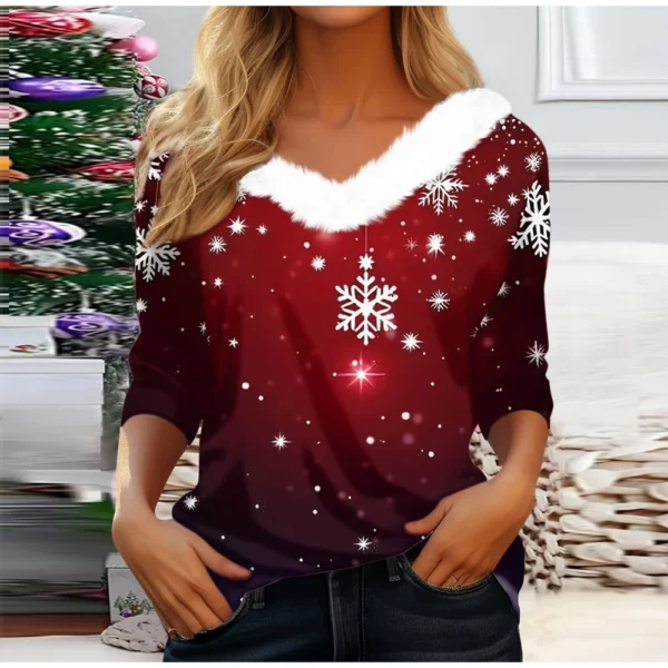 Women's Party Long Sleeve V Neck T Shirt Christmas Shirt Fleece Collar Top - Image 31
