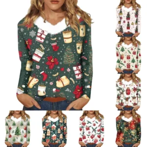 Women's Party Long Sleeve Shirt T Shirt V Neck Christmas Fleece Collar Top