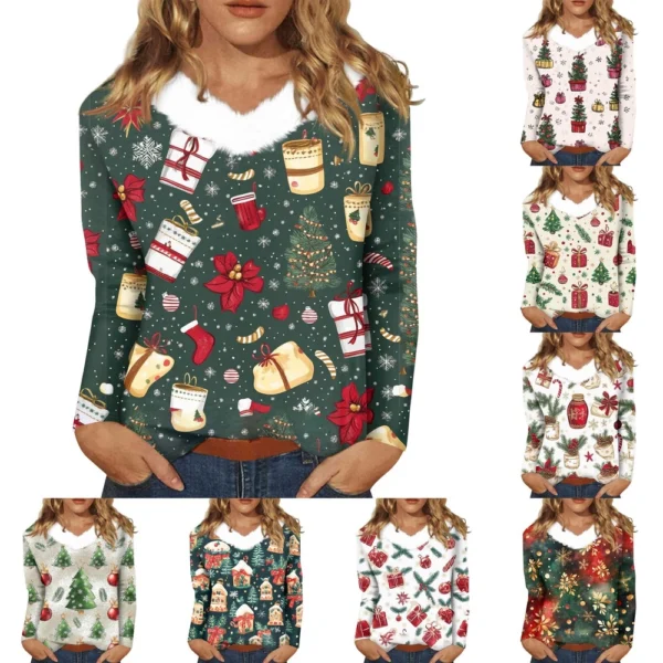 Women's Party Long Sleeve Shirt T Shirt V Neck Christmas Fleece Collar Top