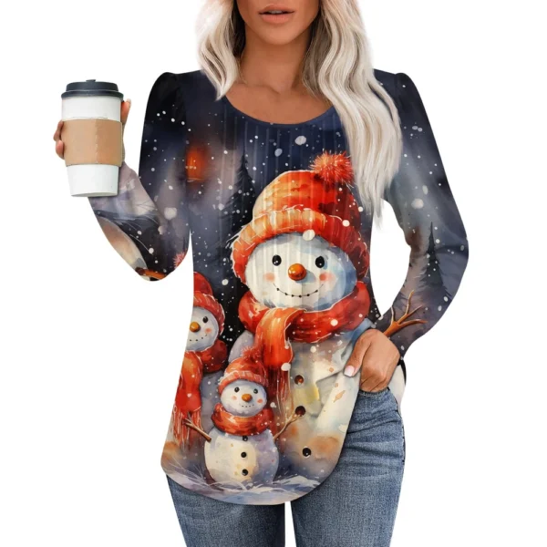 Women's Printed Christmas Top Round Neck Casual Pleated Long Sleeved T-Shirt - Image 10