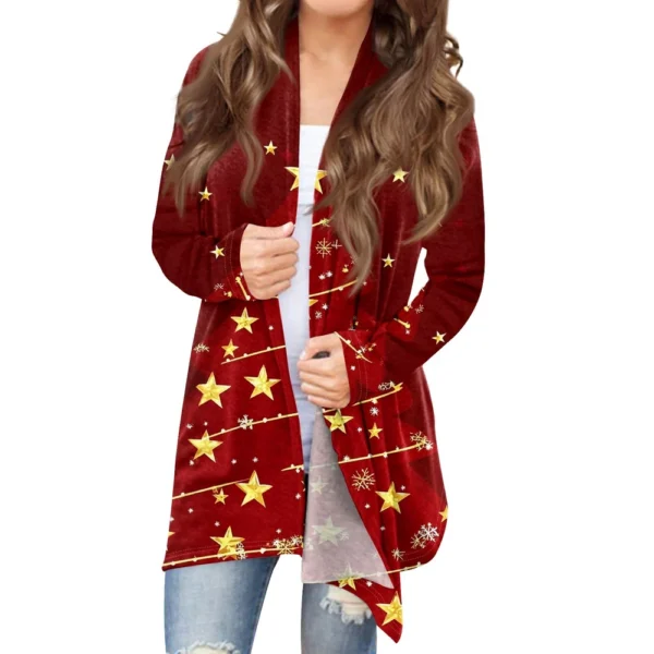 Women's Printed Cardigan Christmas Jacket Fashion Casual Medium Length Coat - Image 29