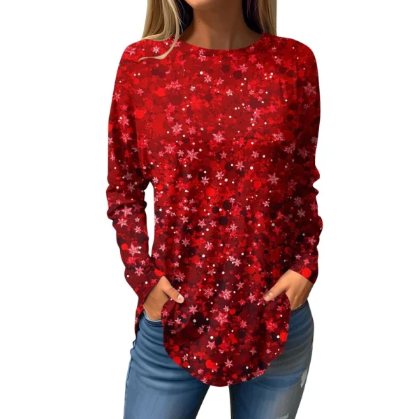 Women's Print Round Neck Christmas Loose T-Shirt Pullover Long Sleeve Top - Image 2