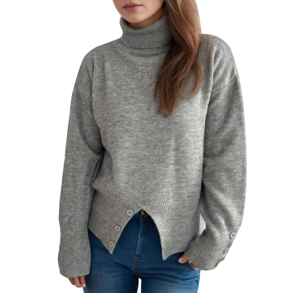 Women's Turtleneck Solid Color Slit Button Sweater Slim Fit Warm Pullover - Image 20