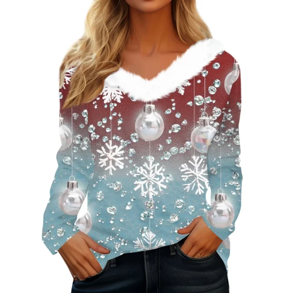 Women's V Neck Party Fleece Collar Top Shirt Christmas Long Sleeve T Shirt - Image 5