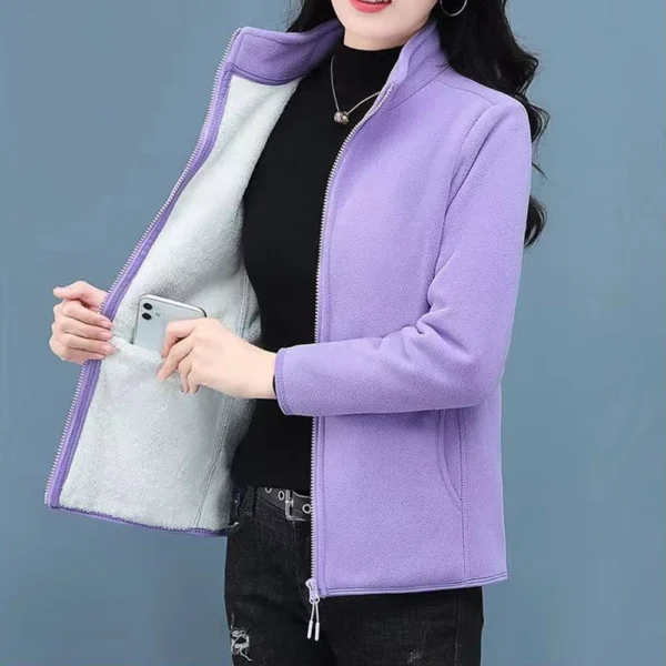 Women's Loose Casual Solid Color Lambswool Stand Up Collar Cardigan Jacket Long - Image 10