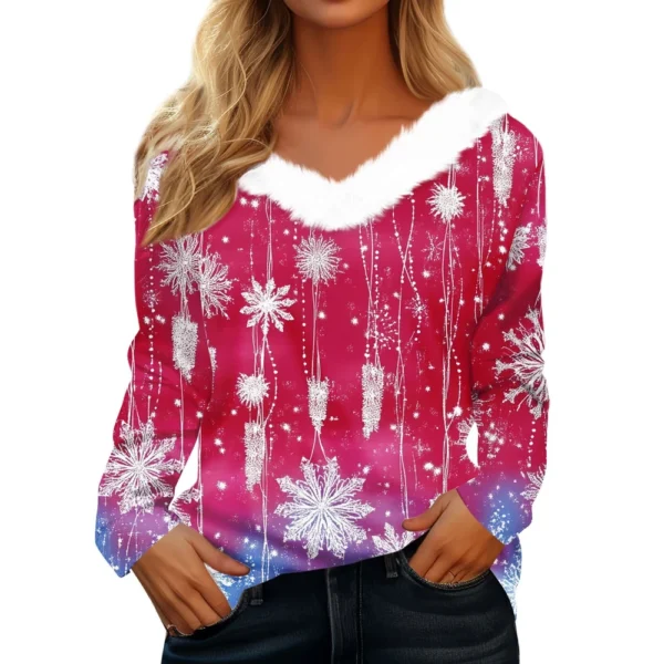 Women's Long Sleeve Christmas Printed Party Plush Neck Wide Casual V-Neck Top - Image 26