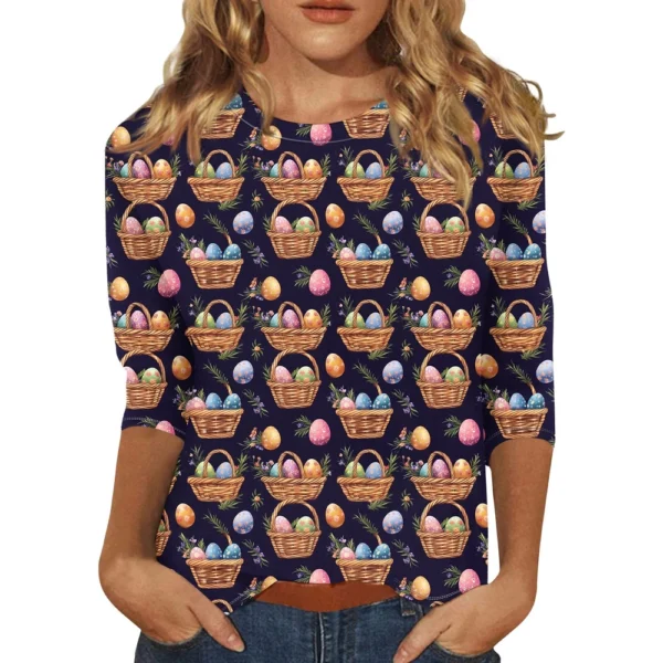 Women's Casual Round Neck Easter Egg Print Three-quarter Sleeve T-shirt Top - Image 2