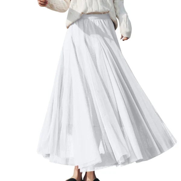 Women's Solid Color Mesh Skirt With Elastic Band Large Swing Mid Length Skirt - Image 44