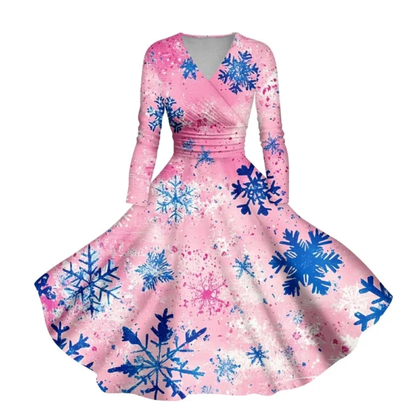 Women's Casual V-Neck Slim Fashion Christmas Long Sleeve Printed Dresses - Image 47