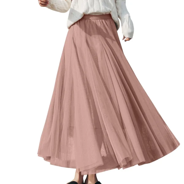 Women's Solid Color Mesh Skirt With Elastic Band Large Swing Mid Length Skirt - Image 2
