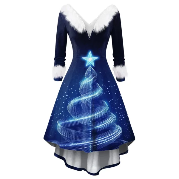 Women's Fashion V-neck Casual Fit Christmas Print Party Long Sleeve Dress - Image 7