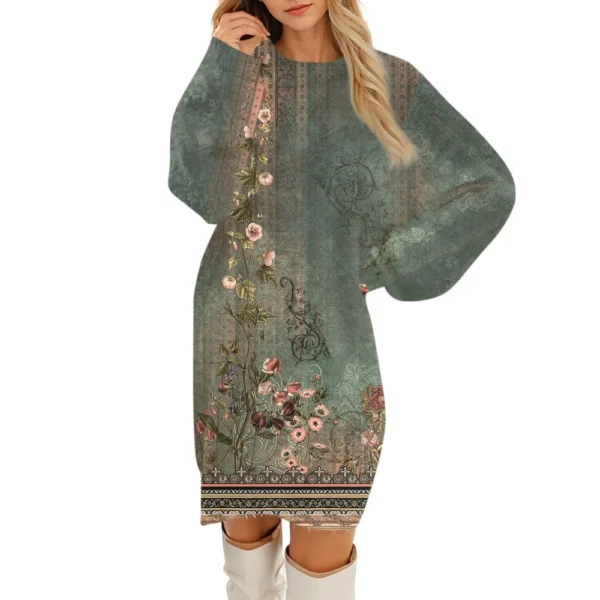 Women's Round Neck Casual Long Sleeve Plush Gradient Vintage Floral Print - Image 14