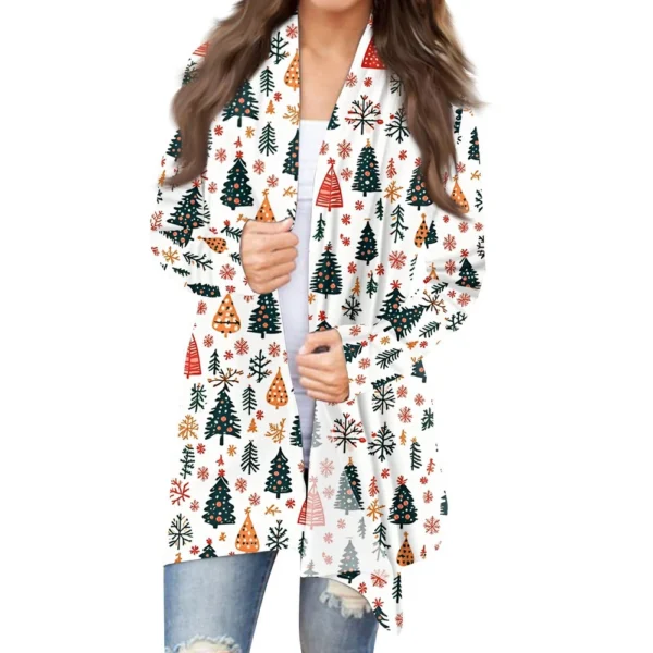 Women's Printed Casual Medium Length Jacket Fashion Christmas Cardigan Coat - Image 43