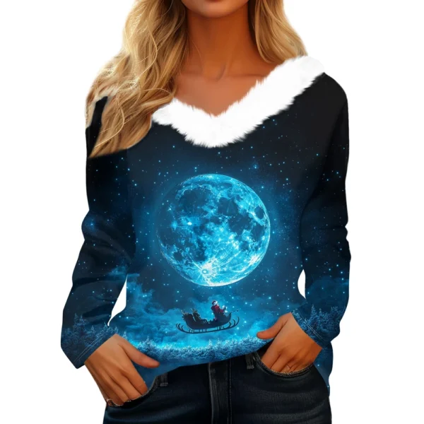 Women's V Neck Party Long Sleeve Top Christmas Shirt Fleece Collar T Shirt - Image 17