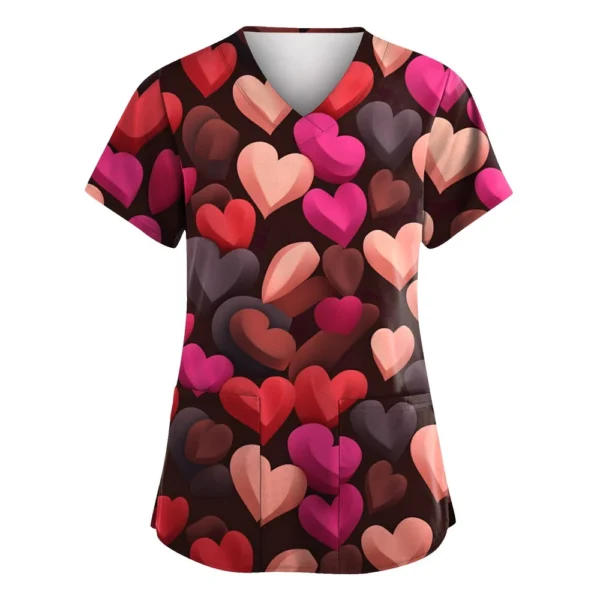 Women's Valentine's Day Printed  Uniform Work Uniform V-Neck Pocket Protective - Image 9