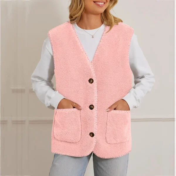 Women's Fuzzy Fleece Vest Sleeveless Colorblock Jacket Button Down Outerwear - Image 34