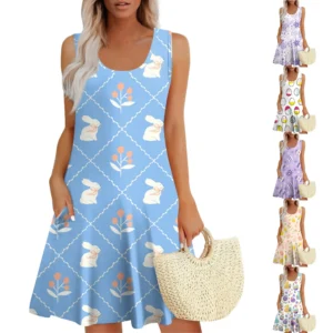 Womens Summer Dresses Easter Print  Loose U Neck Sleeveless Sundresses Dress