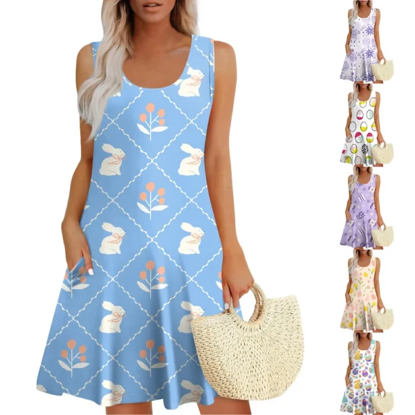 Womens Summer Dresses Easter Print  Loose U Neck Sleeveless Sundresses Dress
