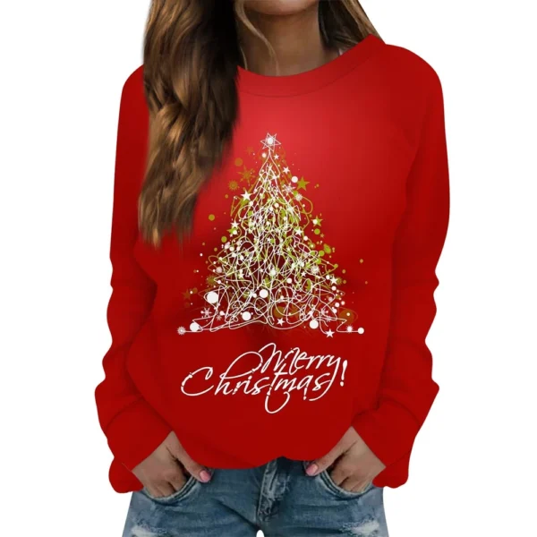 Women's Long Sleeve Print O-Neck Christmas Blouse Fashion Casual Pullover Top - Image 3
