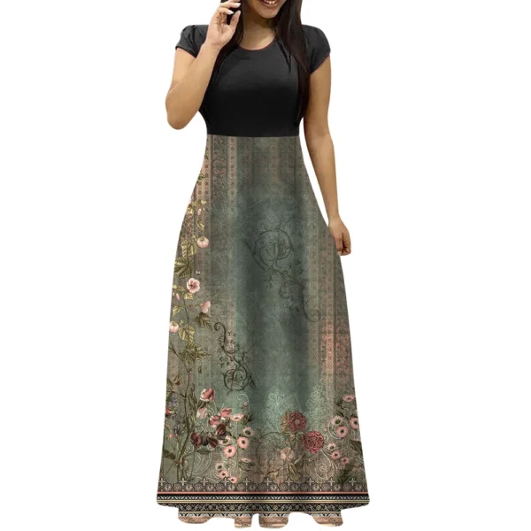 Women's Fashion Casual Loose Printed Round Neck Short Sleeve Long Dresses - Image 10