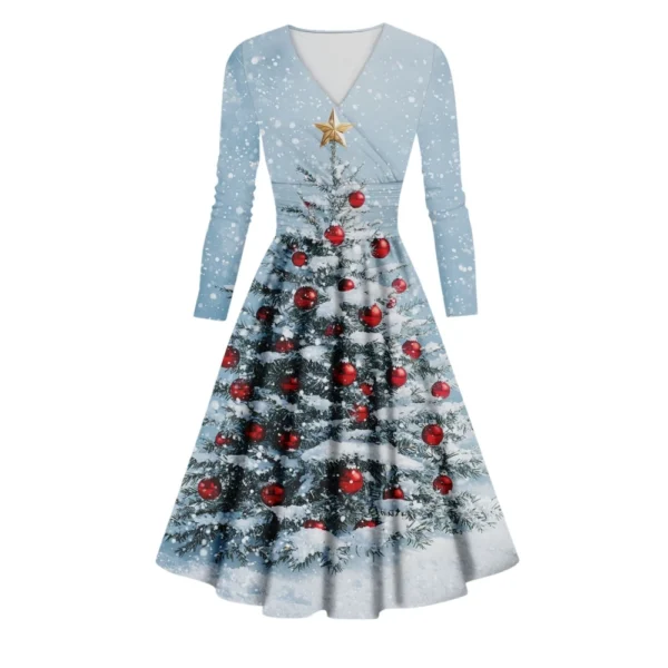 Women's Printed V-Neck Christmas Casual Fashion Long Sleeve Slim Dresses - Image 12