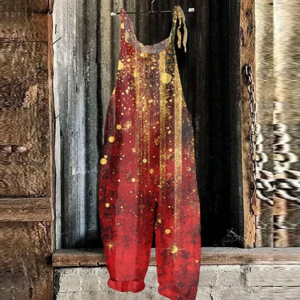 Women's Shoulder Strap Vintage Loose Print Casual Jumpsuit Christmas - Image 37