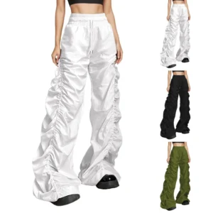 Women's Solid Color Baggy High-waisted Hip Lift Pleated Baggy Lace-up Casual