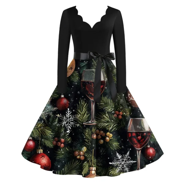 Women's Casual V-Neck Christmas Printed Fashion Long Sleeve Slim Dresses - Image 14