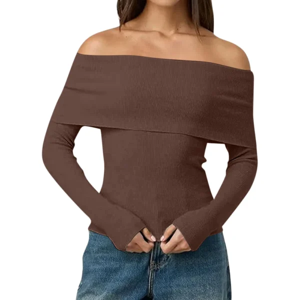 Womens Off The Shoulder Sweaters Long Sleeve Slouchy Knitted - Image 16