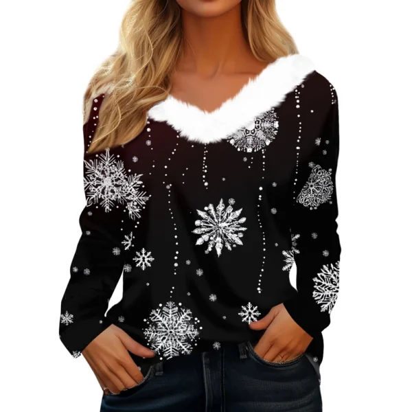 Women's Long Sleeve Christmas Printed Party Plush Neck Wide Casual V-Neck Top - Image 14