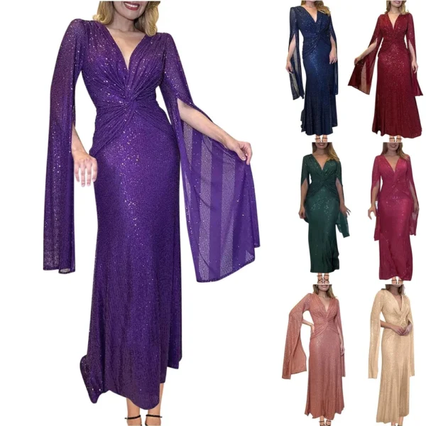 Women's Fashionable Solid Color V Neck Sequin Sexy Evening Dress Party Long