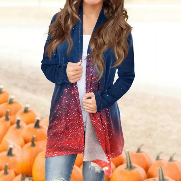 Women's Printed Cardigan Christmas Jacket Fashion Casual Medium Length Coat - Image 13