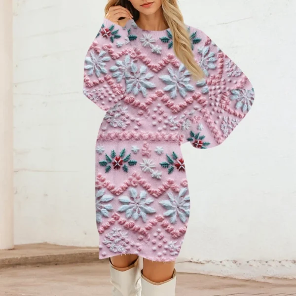 Women's Round Neck Casual Long Sleeve Plush Christmas Printed Dresses - Image 24