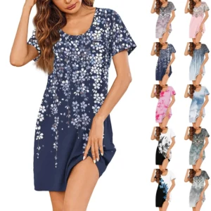 Womens Summer Dresses Short Sleeve Linen Casual T-Shirt Dresses Swing Beach