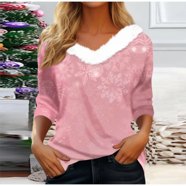 Women's Party Long Sleeve V Neck T Shirt Christmas Shirt Fleece Collar Top - Image 22