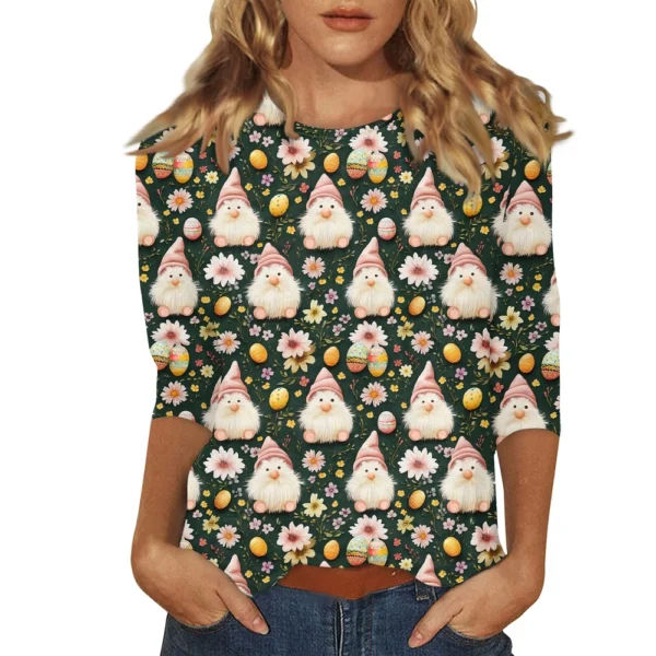 Women's Tops Easter Fashion Basic 3/4 Sleeve Printed Plus Size Casual Pullover - Image 17