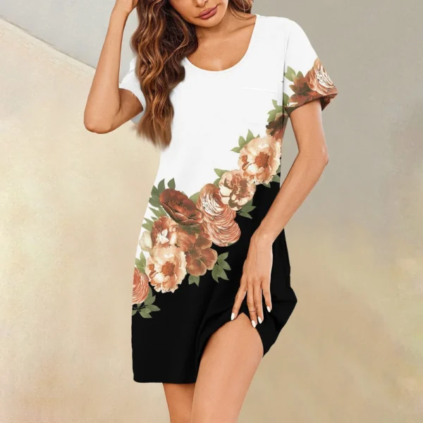 Womens Summer Dresses Short Sleeve Linen Casual T-Shirt Dresses Swing Beach - Image 25