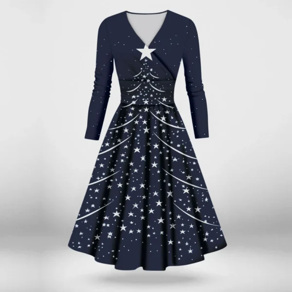 Women's Printed V-Neck Christmas Casual Fashion Long Sleeve Slim Dresses - Image 19