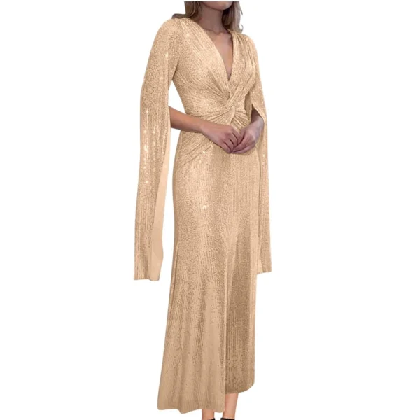 Women's Fashionable Solid Color V Neck Sequin Sexy Evening Dress Party Long - Image 14