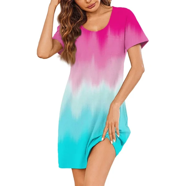 Womens Summer Dresses Short Sleeve Linen Casual T-Shirt Dresses Swing Beach - Image 2