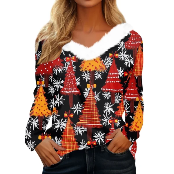 Women's Long Sleeve Christmas Printed Party Plush Neck Wide Casual V-Neck Top - Image 7